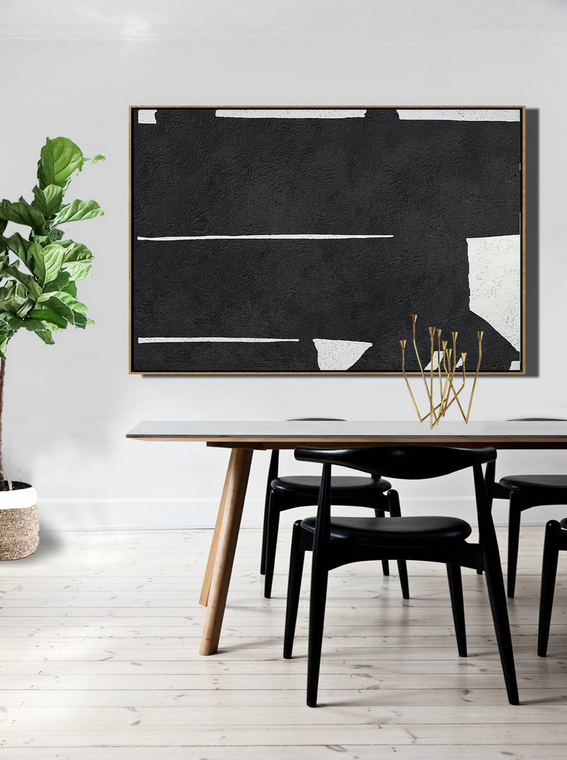 Large Oil Canvas Art,Hand Painted Oversized Horizontal Minimal Art On Canvas, Black And White Minimalist Painting - Large Abstract Wall Art